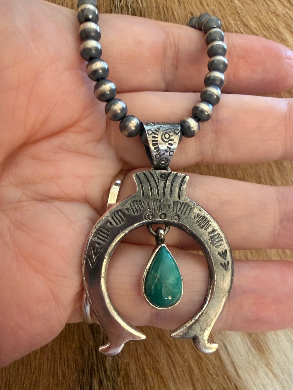 ❤️ Kingman Turquoise Hand Stamped Statement NAJA Oxidized Sterling Navajo Style